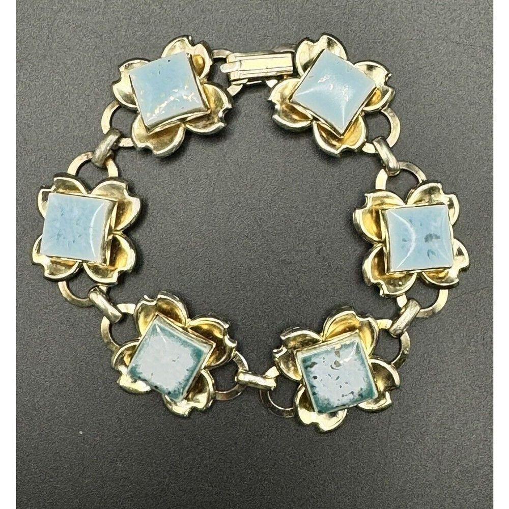 Vintage Estate Jewelry Gold Tone Floral‎ Link Blue Gold Tile 50s/60s Bracelet